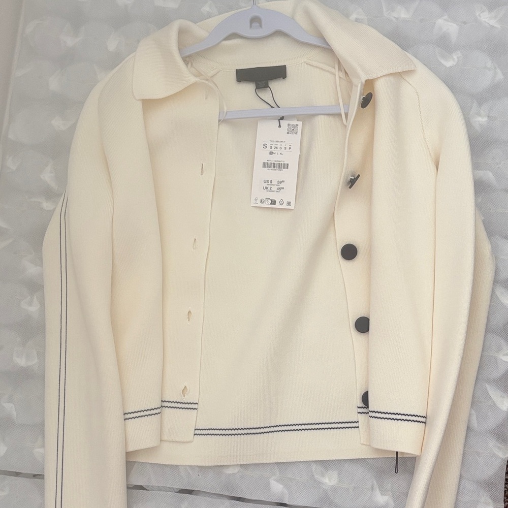 Zara Ivory Cardigan with Dark Buttons & Zara Blue Blouse